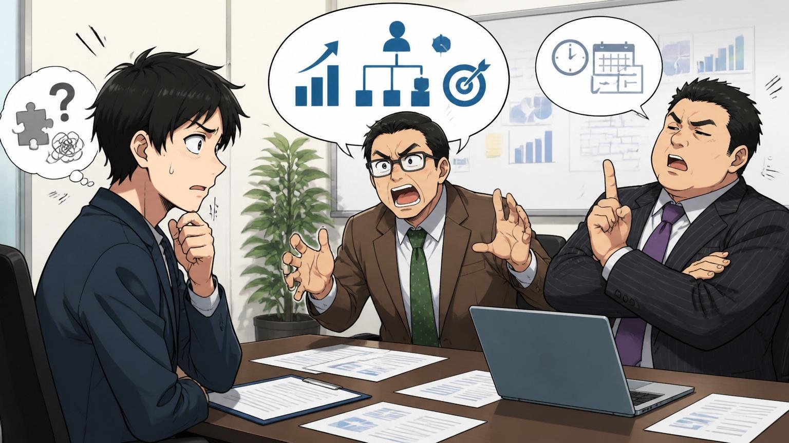 企業が求める人物像とのズレ。企業の会議室で面接官と価値観が噛み合わず戸惑う30代エンジニア1人と面接官2人