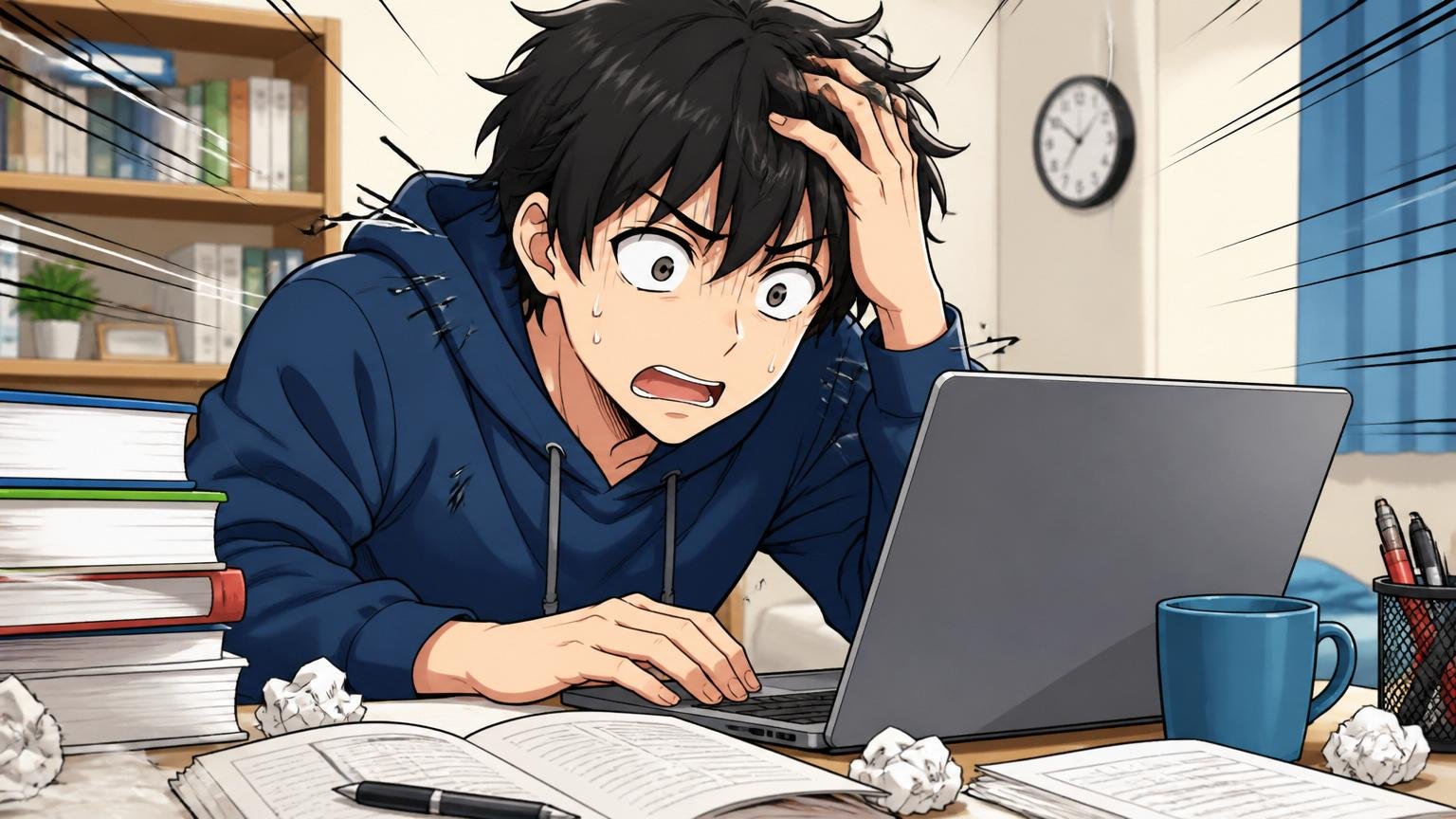 適性検査の対策不足。自宅でWebテストに取り組む20代男性エンジニア1人、焦る表情