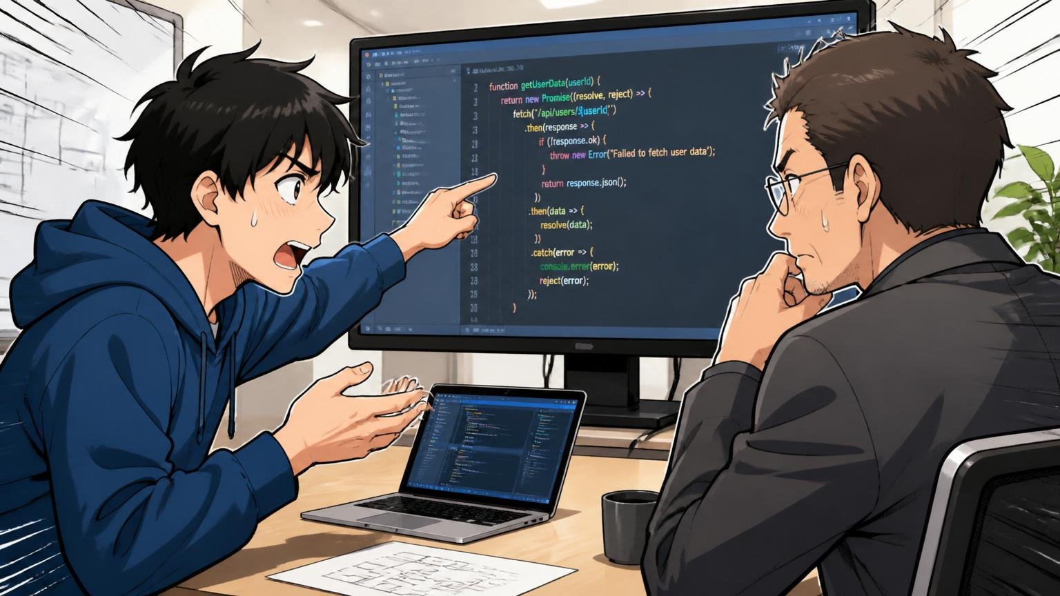 コーディングテスト・技術面接で落ちた場合。Web系企業の会議室で面接官にコードを説明するエンジニア、2人が画面を見ながら議論
