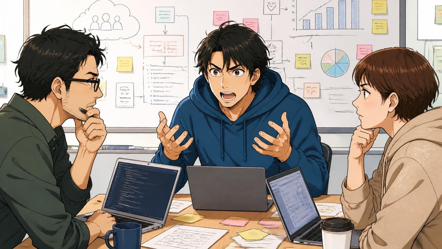 freeeが見ているマジ価値とは。Web系IT企業の会議室で価値観を語り合うエンジニア3人、真剣な表情