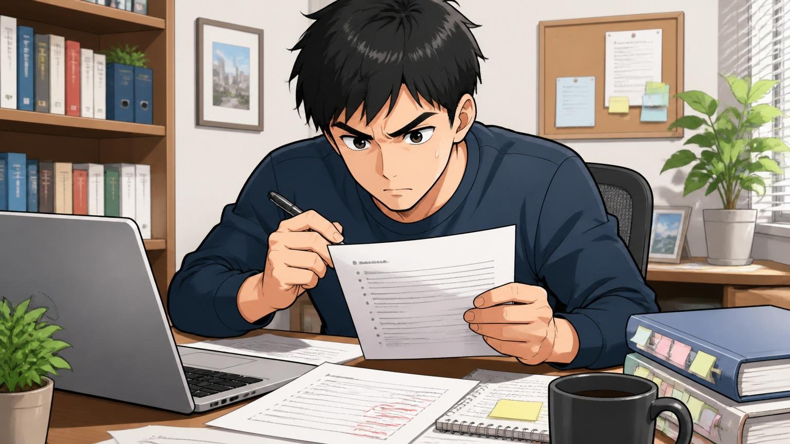職務経歴書を見直す。自宅のデスクでノートパソコンに向かい書類を書き直すエンジニア1人が真剣な表情で集中する