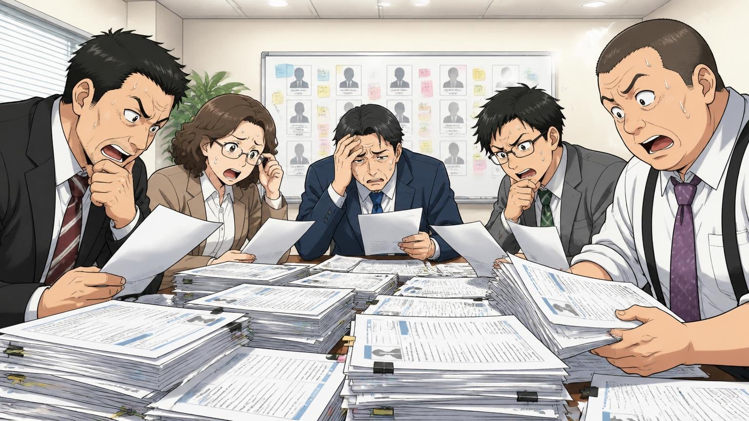 企業の会議室で複数の面接官が机に並び、限られた採用枠を前に多数の応募書類を見比べて選考に頭を悩ませる真剣な様子
