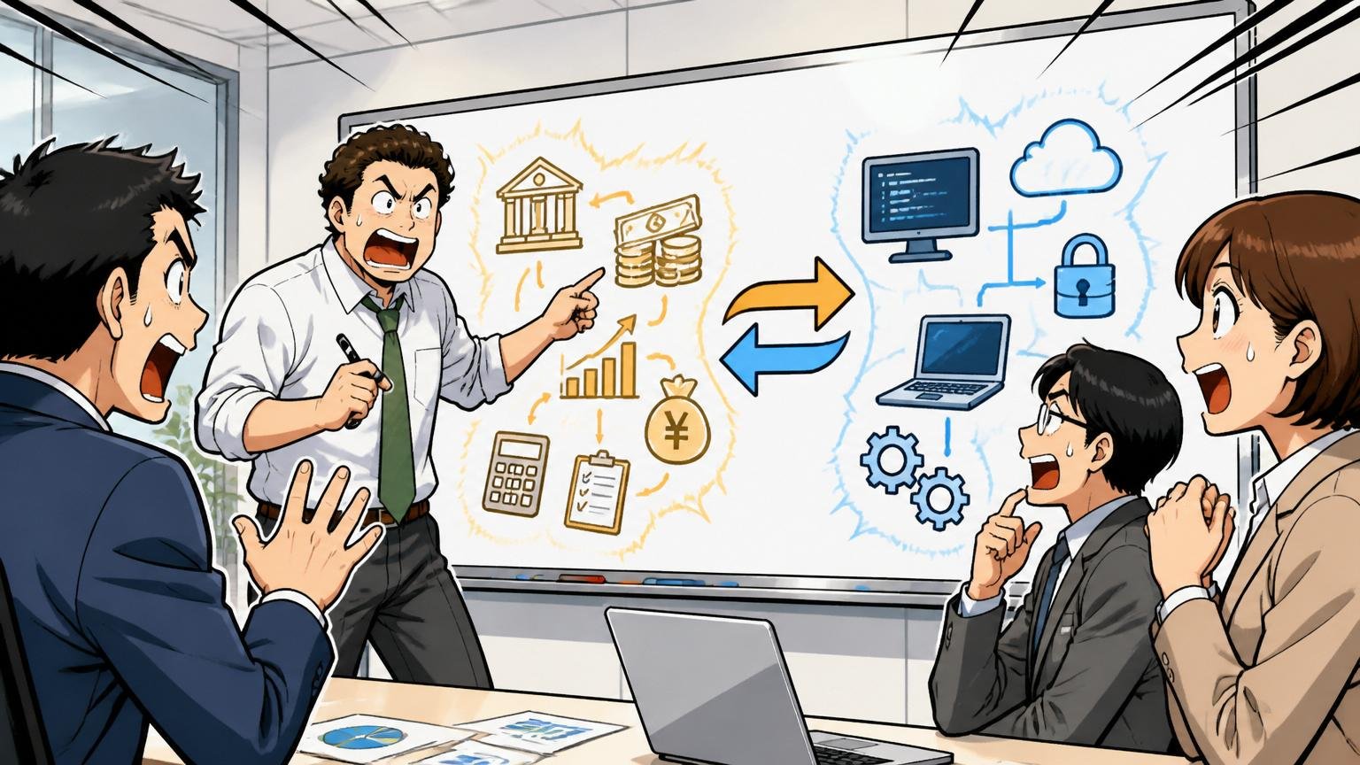 金融業務の知識とITスキルの両方を求められる場面を説明する会議室のホワイトボード