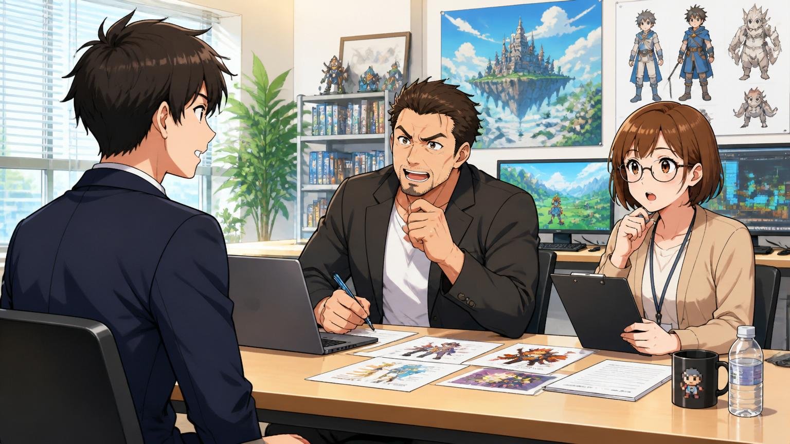 ゲーム会社の明るい会議室で面接を受ける応募者1人と面接官2人が机を挟んで真剣に向き合い対話する場面