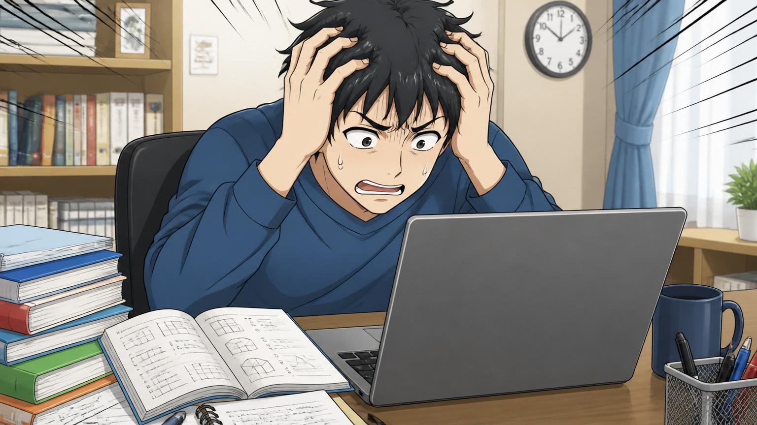 適性検査SPIでつまずくパターン 自宅のデスクでパソコンに向かいSPIの問題に頭を抱える男性