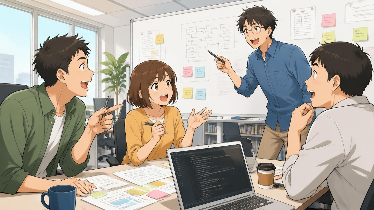 客先常駐が少なく上流工程に関われる働き方 自社オフィスで複数人が打ち合わせするWeb系の職場