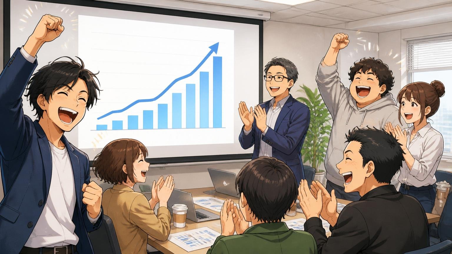 企業の会議室でプロジェクターに映る2025年6月期黒字化決算グラフを前に、笑顔で拍手するfreeeの経営陣と社員たちの達成感あふれる場面