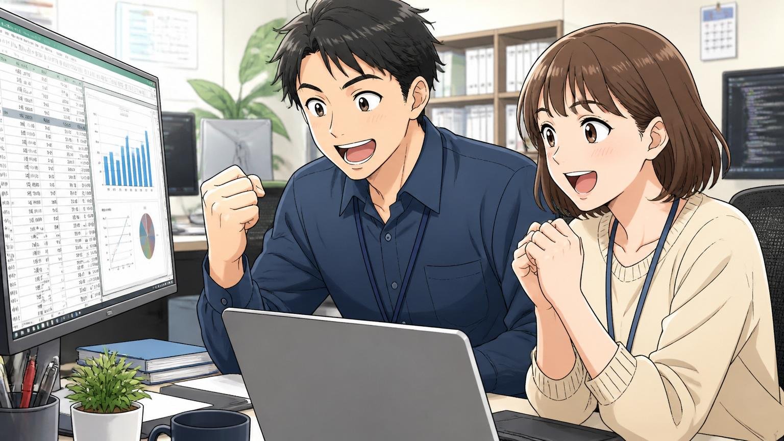 年収データを確認するエンジニア｜IT企業のデスクで男女が給与の数字を見て安心した表情を浮かべる