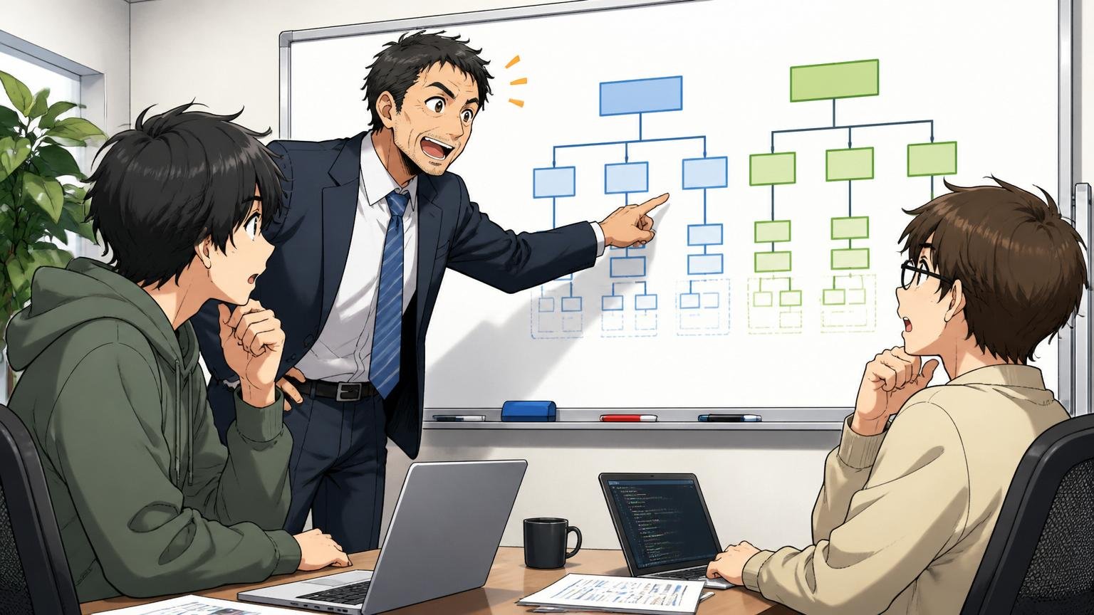 企業のカンファレンスルームで親会社と子会社の組織図を指し示すメンター役の40代男性、聞き入る20代の若手エンジニア2名。