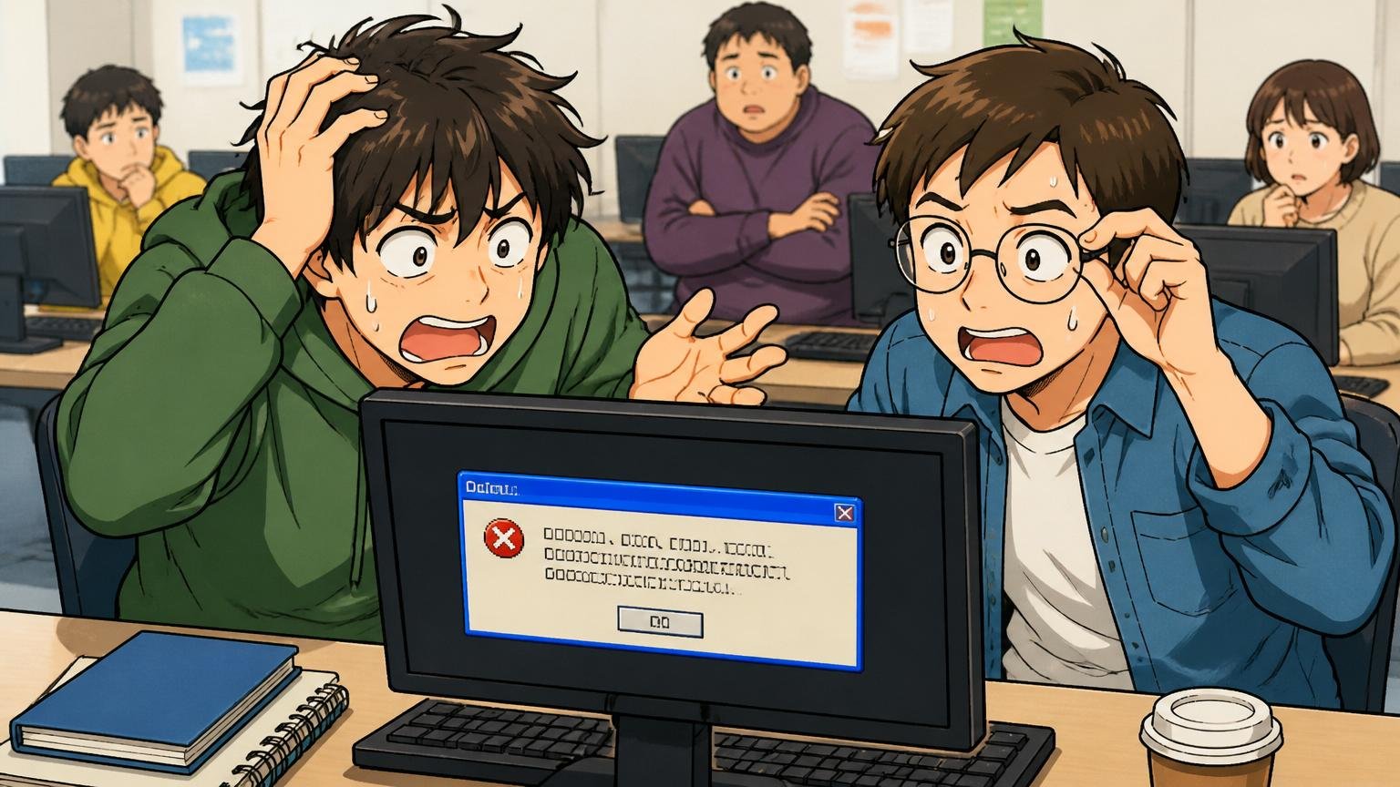 教材が古いという指摘の場面。プログラミングスクールの教室で古い画面のエラーに戸惑う受講生2人