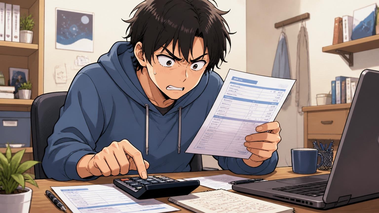 自宅のデスクで給与明細を見ながら若手エンジニアが眉をひそめ電卓をたたいている様子