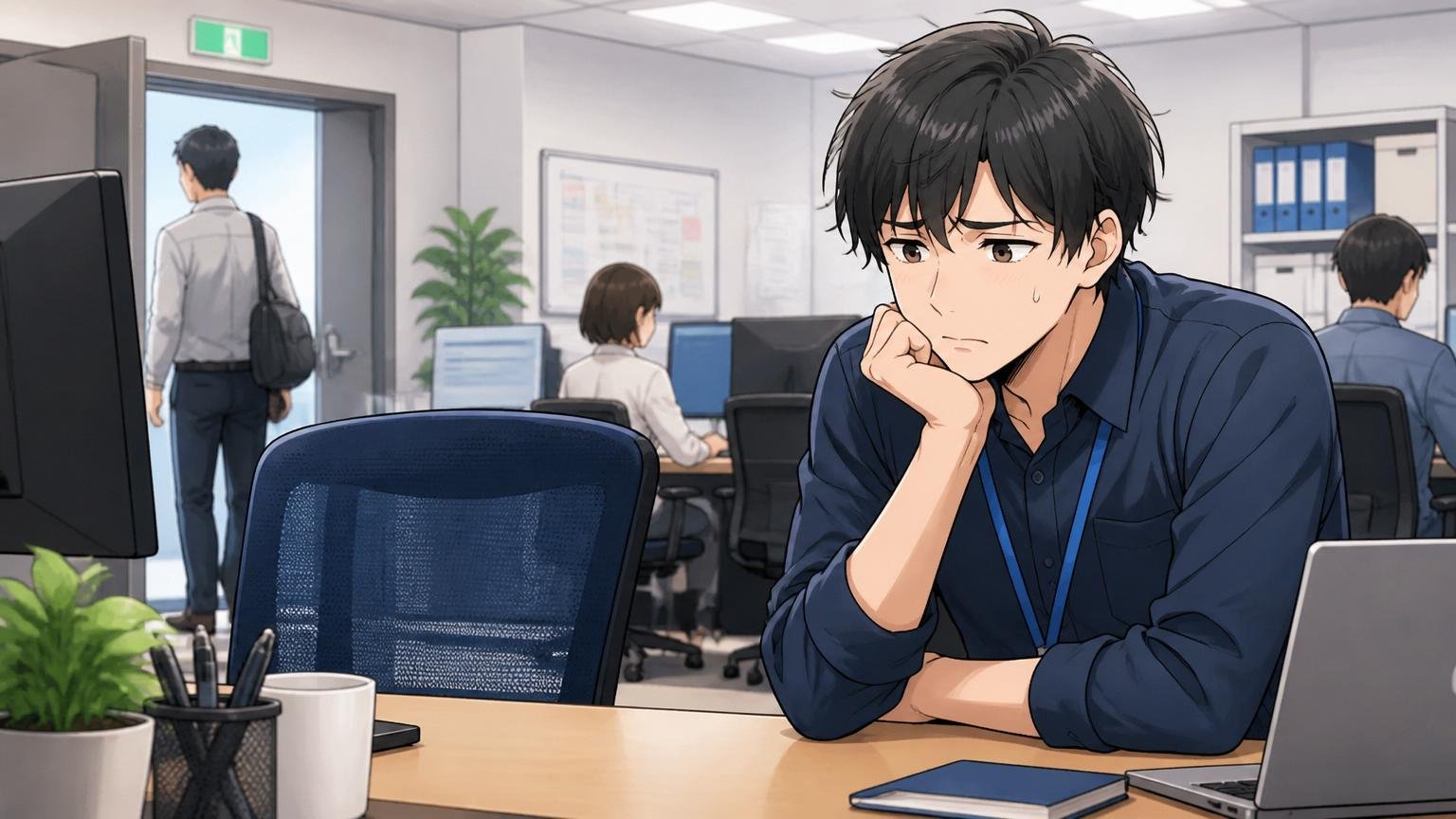 退職率への不安。IT企業のオフィスで同僚が去った空席を見つめ、不安そうに表情を曇らせる男性社員1人
