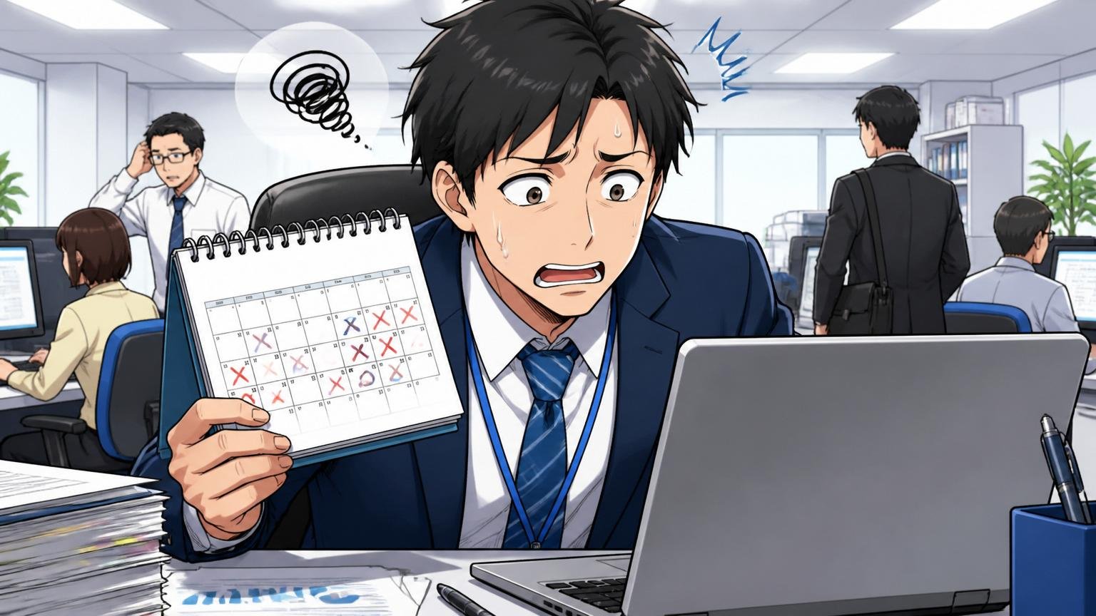 休みやすさと出社回帰。SIerのオフィスで男性社員がカレンダーとPCを見比べ困惑の表情を浮かべる