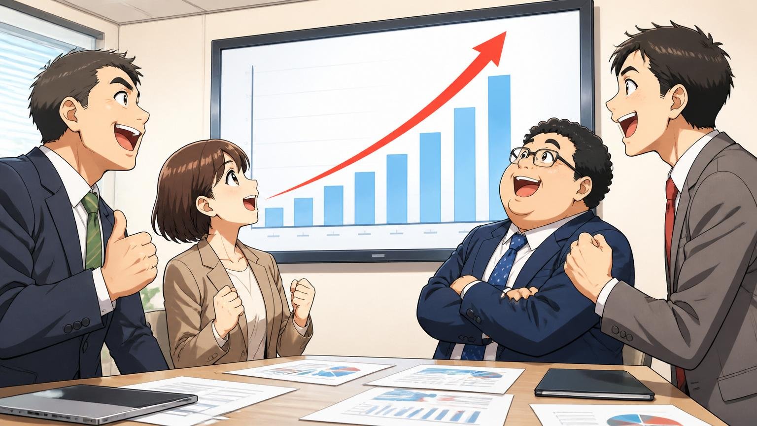 経営の安定性と将来性。企業の会議室で複数の社員が右肩上がりの業績グラフを見上げ、安心した表情でうなずき合う