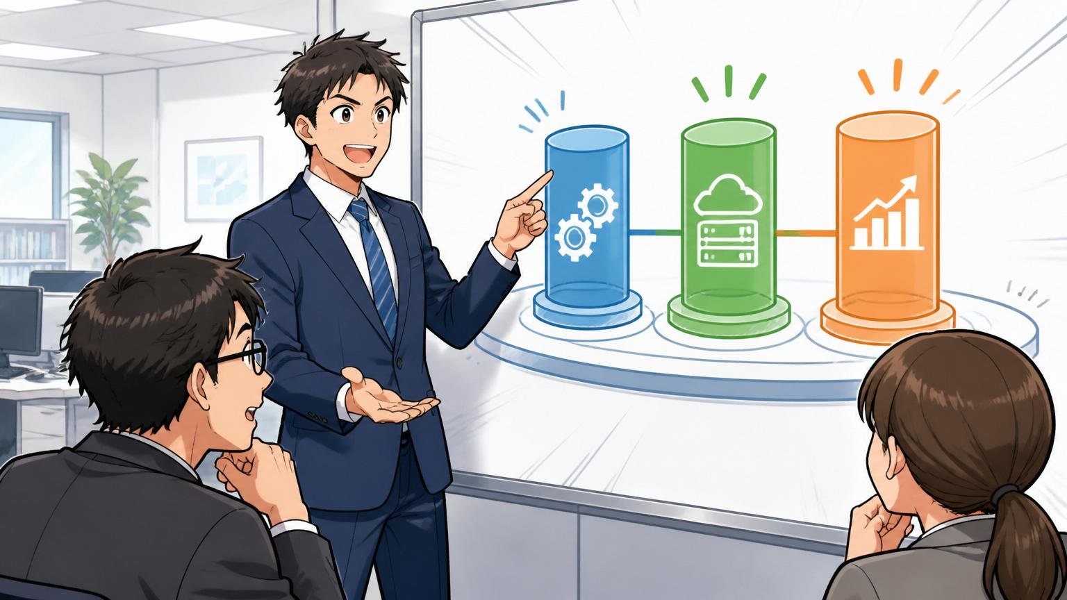 事業の柱は3つ、SIerのオフィスで3つの事業を図で説明する男性1人と聞き入る社員2人