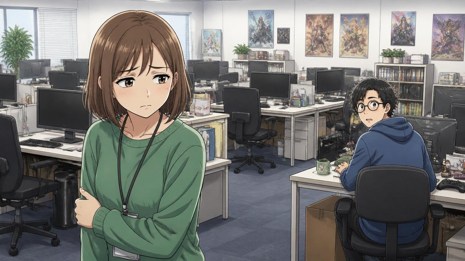 ゲーム会社のオフィスで、空席が目立つ席を見渡しながら寂しそうな表情を浮かべる女性社員と残った同僚