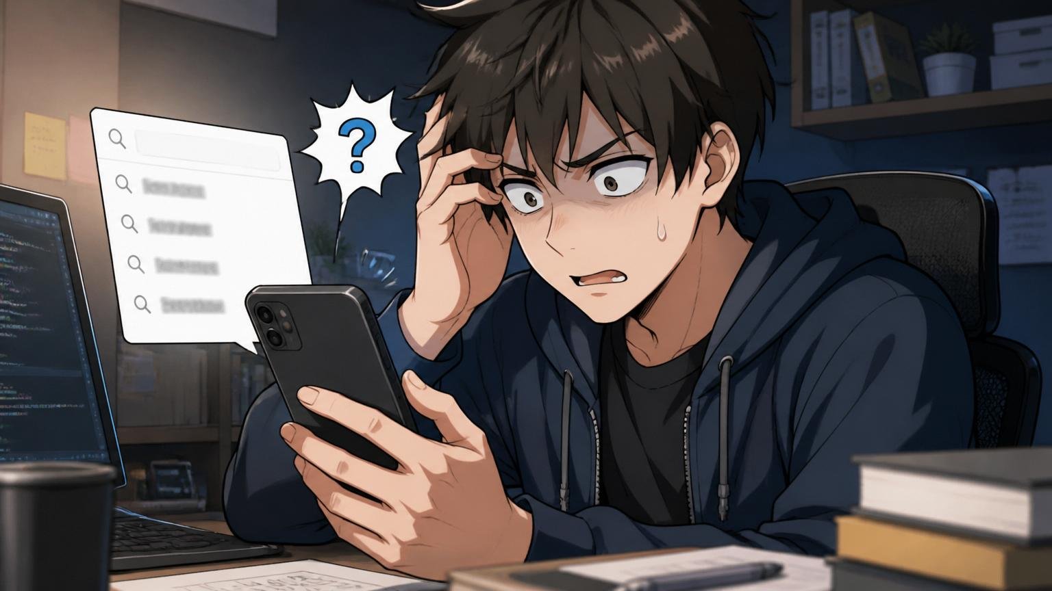 なぜやばいと検索されるのか、自宅の暗いデスクでスマホの検索候補を見て戸惑い眉をひそめる若手男性エンジニア