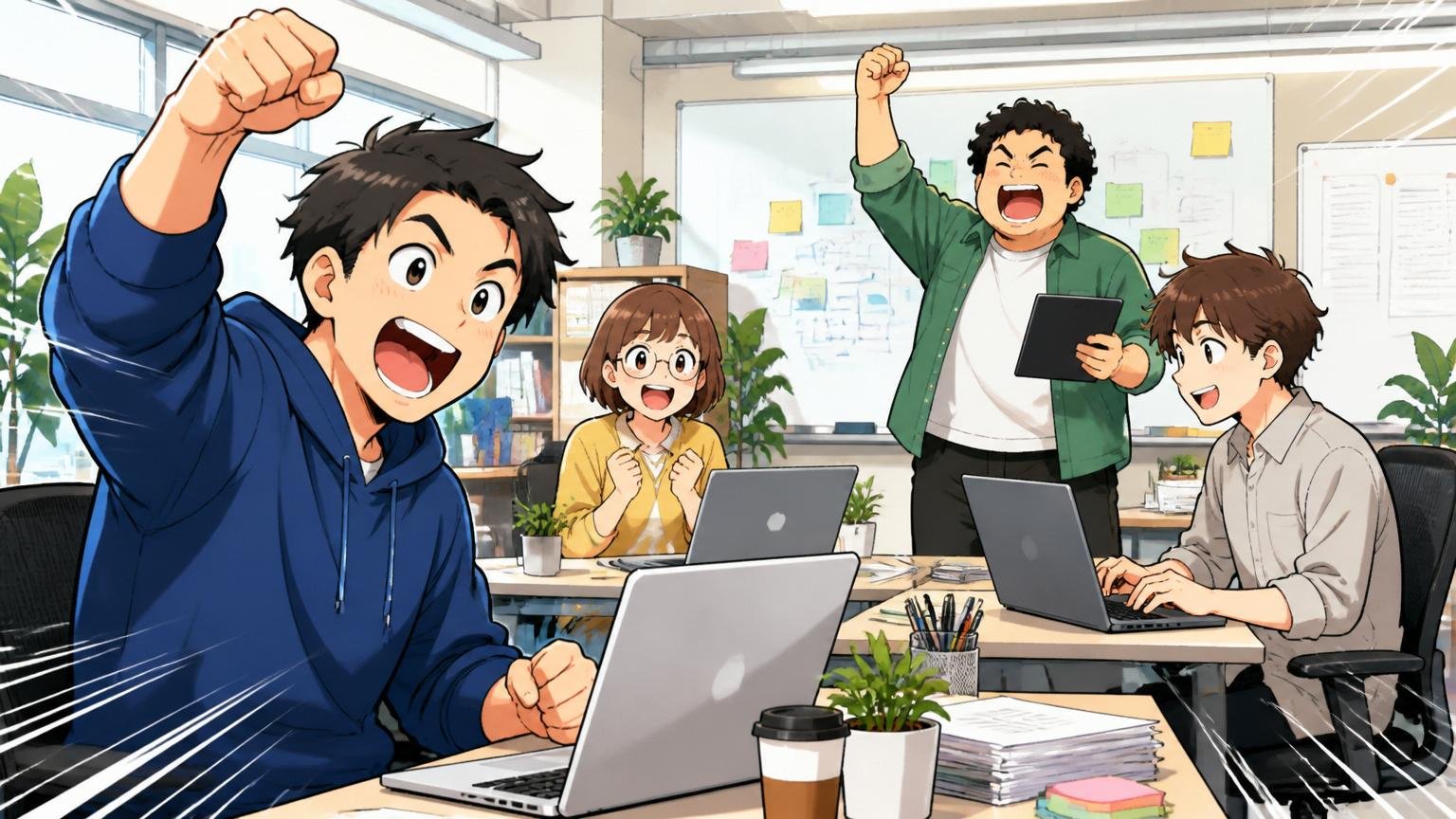 急成長フェーズの「いま」を理解する。拡大中のIT企業オフィスで社員4人が活気よく働く様子