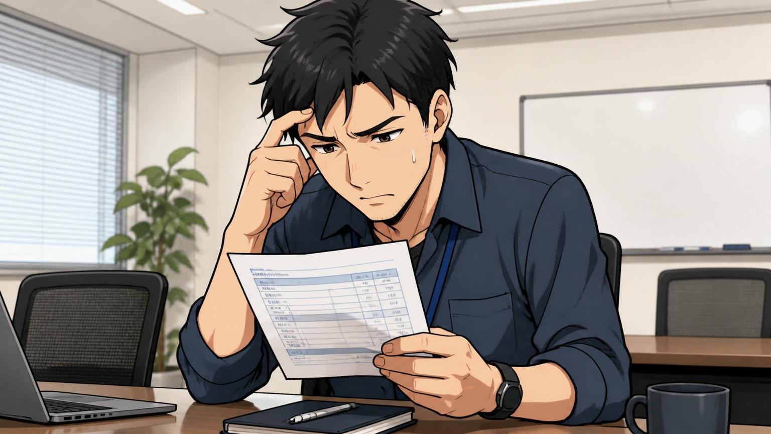 年収は低いのか 企業の会議室で給与明細を見て浮かない表情で考え込む30代男性エンジニア1人