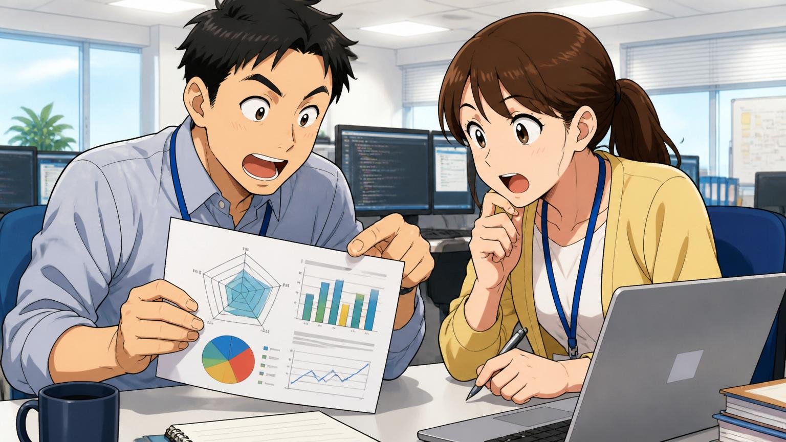 評価スコアが教えるSHINKOの性格、SIerのオフィスで男女のエンジニア2人がグラフ資料を見て話し合う様子