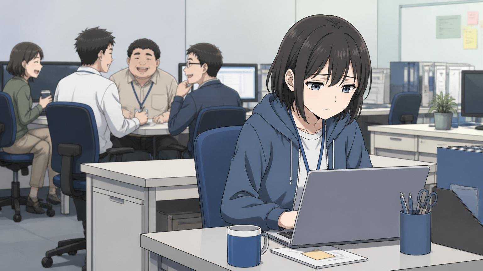 客先常駐で評価されにくい 客先のオフィスで1人だけ離れた席で黙々と作業する女性エンジニアが寂しげな表情