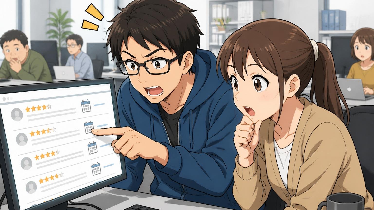 パソコンで会社の口コミサイトを見ながら投稿日付を指差して確認する男女エンジニア2人のオフィス風景
