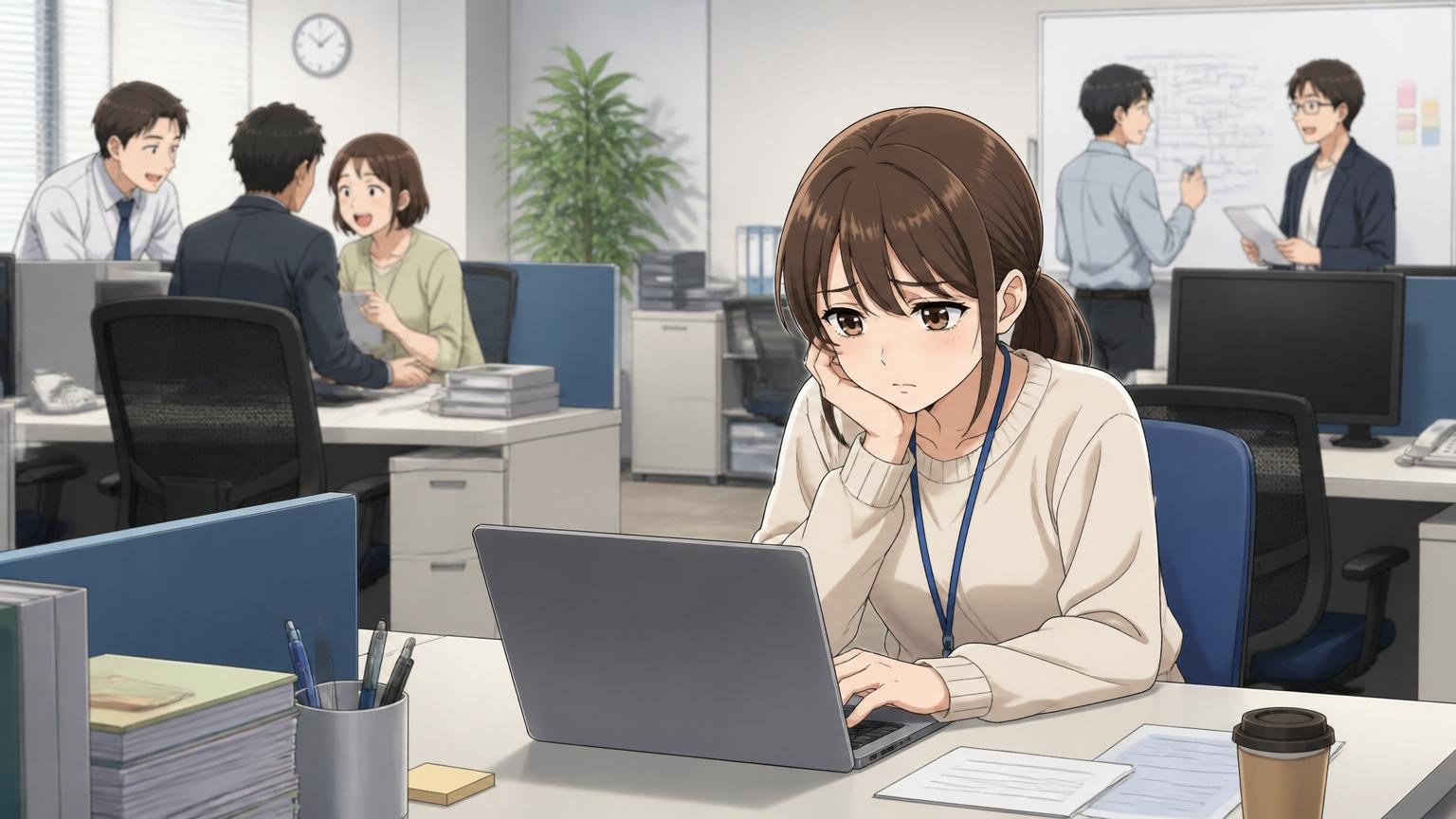 客先常駐で孤独を感じる場面。取引先のオフィスで1人だけ離れた席で作業する20代女性エンジニアの寂しげな様子