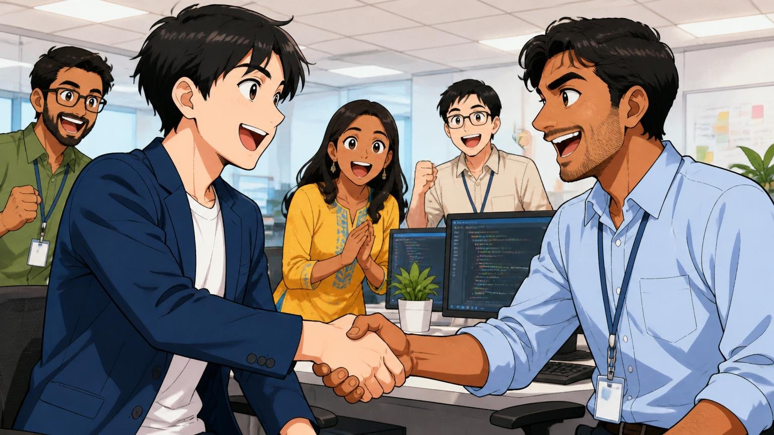 インド本社×三菱商事の合弁、Web系オフィスで日本人とインド人エンジニアが笑顔で握手する