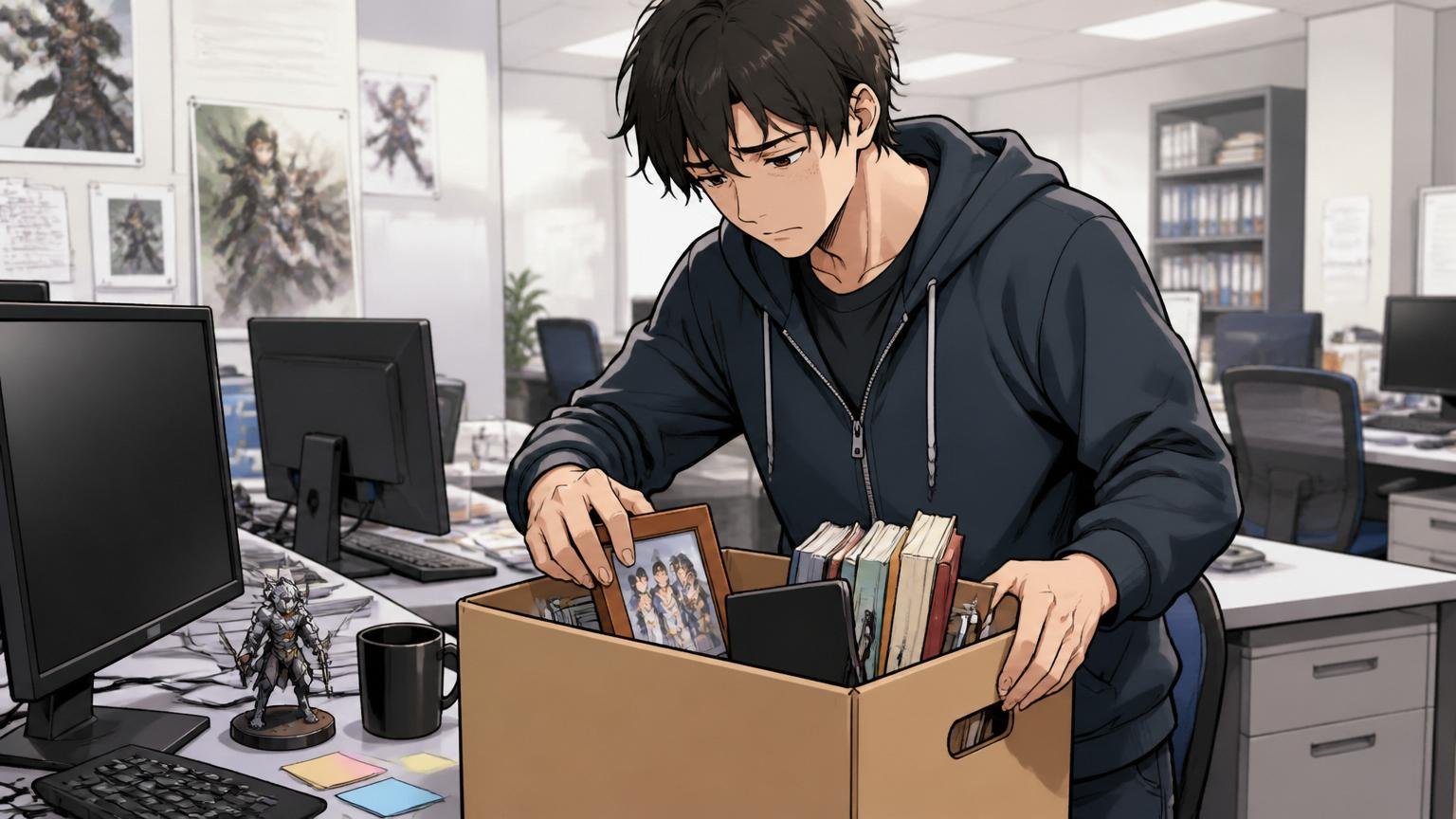 根拠②リストラと退職。中堅ゲーム会社のオフィスでデスク周りを片付ける男性エンジニア1人