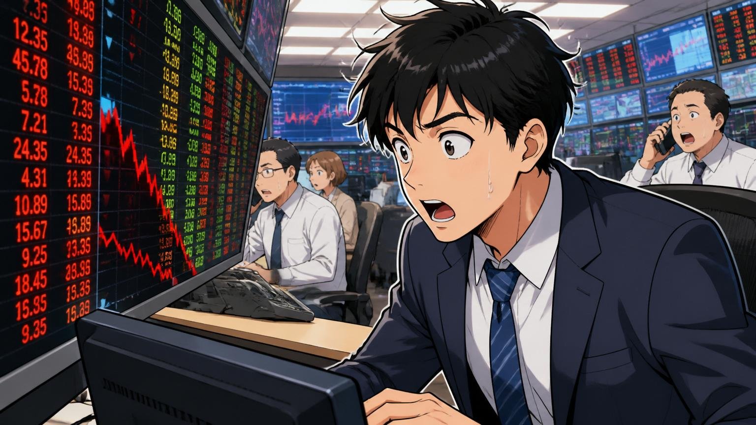 買付価格1株4,000円・買収総額538億円|証券ディーリングルームで電光掲示の価格を確認する30代男性1人、驚いた表情