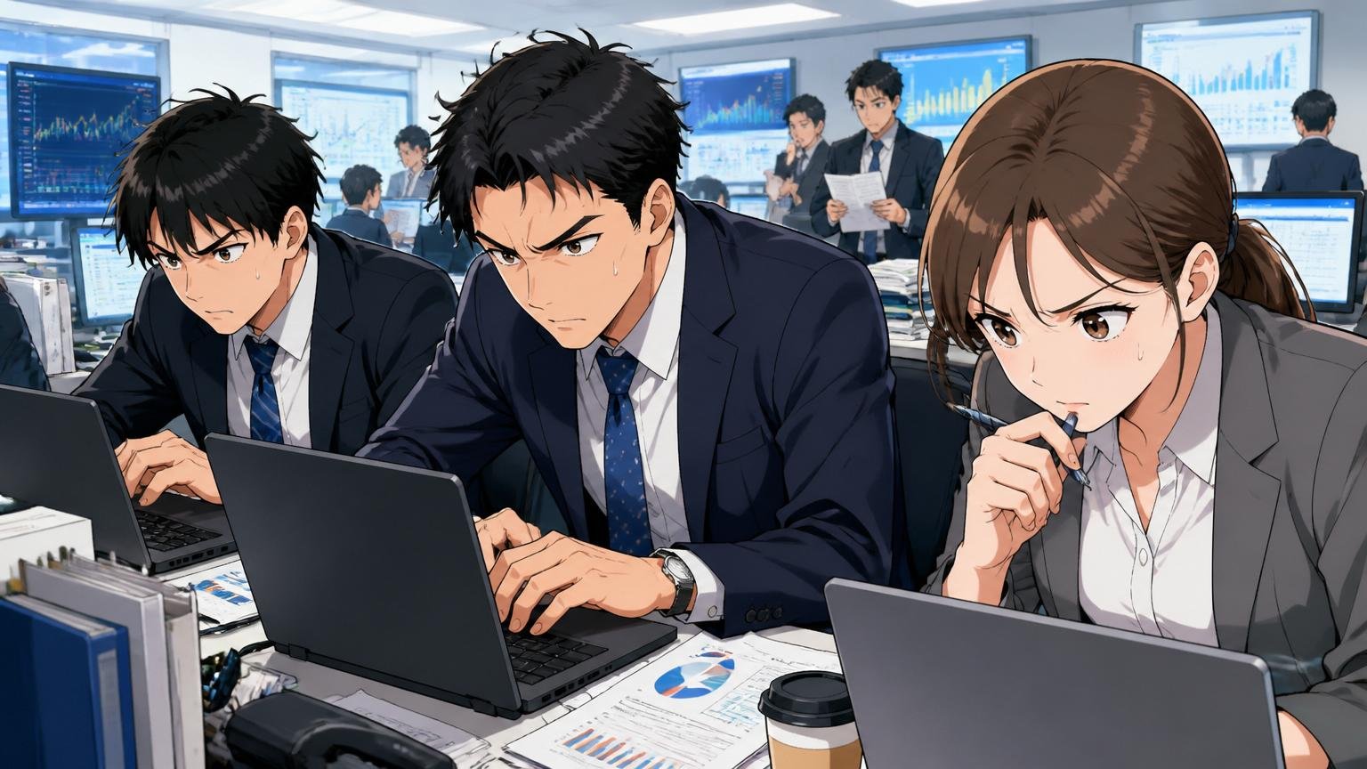 投資銀行のフロアで3人のコンサルタントがPCに向かって資料作成中の真剣な表情
