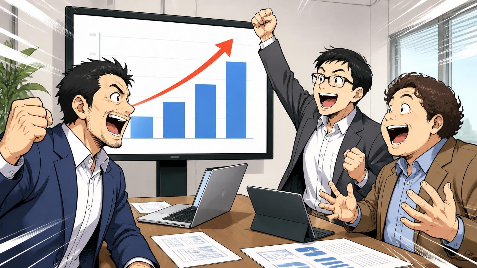売上は4年で2.4倍｜Web系企業の会議室でグラフ資料を見ながら歓声を上げる経営層3名