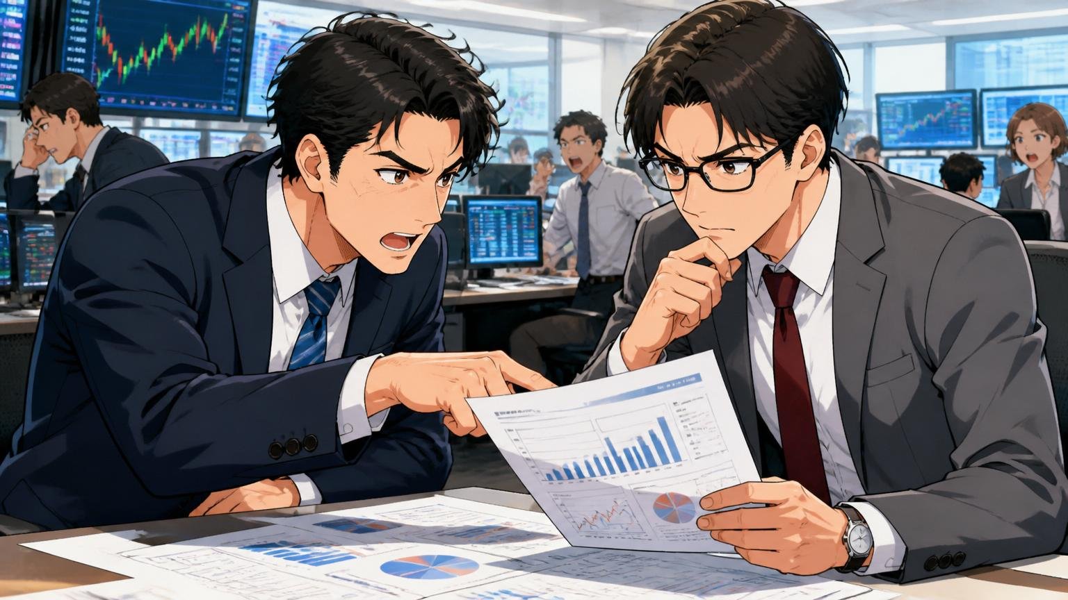投資銀行のフロアで30代の投資家2人が成長企業の資料を前に真剣に議論する