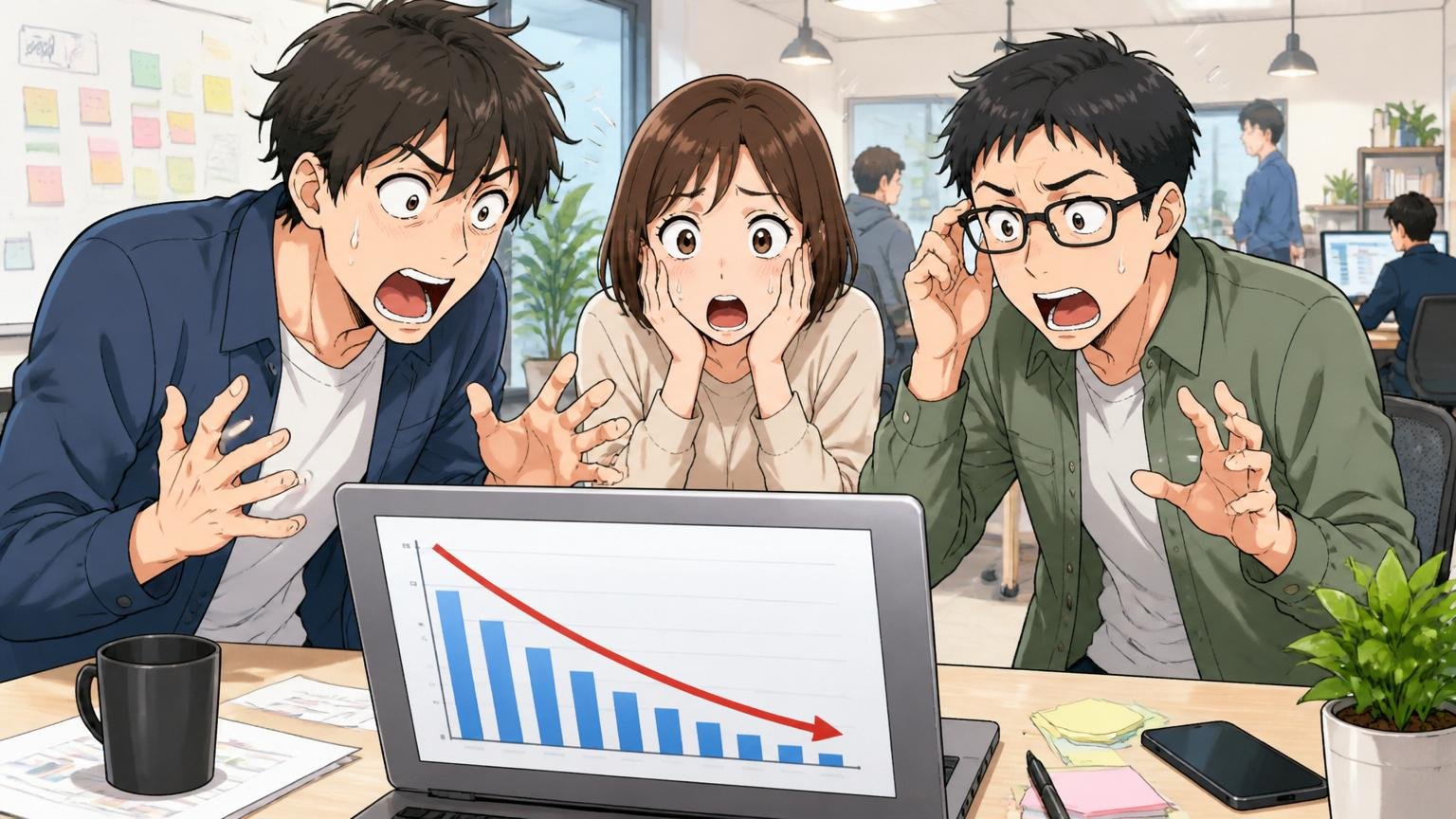 平均勤続年数が急減した事実、Web系スタートアップのオフィス、20代後半男性2人と30代女性1人、グラフを見て驚く表情