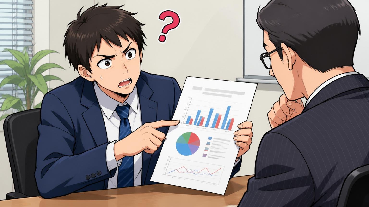 企業の会議室で評価面談を受ける社員が上司の説明に納得いかない表情でグラフ資料を指差し首をかしげている