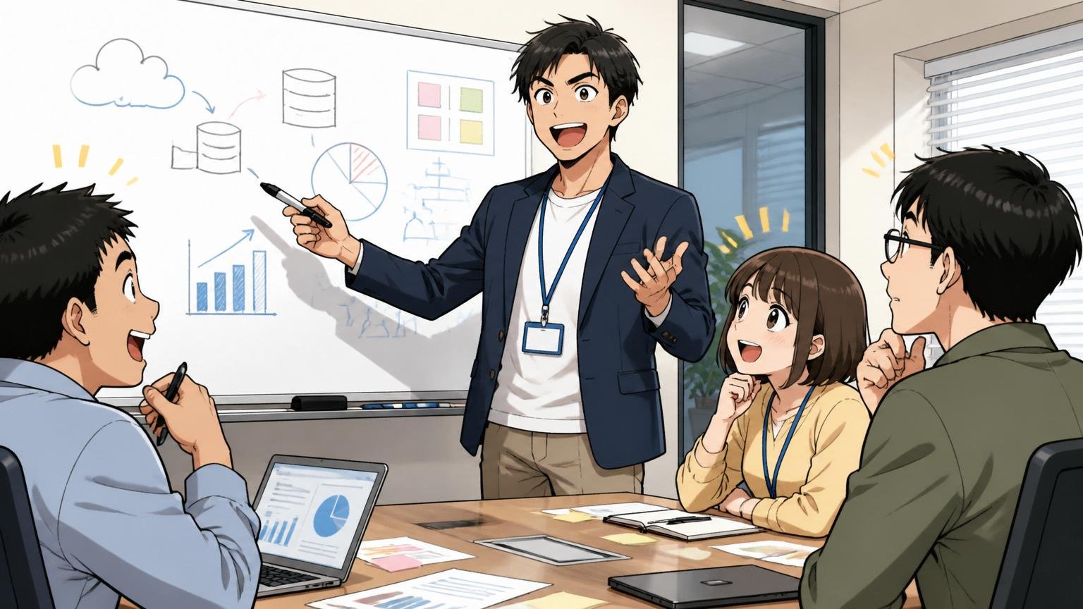 日系IT企業の会議室でホワイトボードの前で発表する20代後半マネージャーと聞く20代社員3名