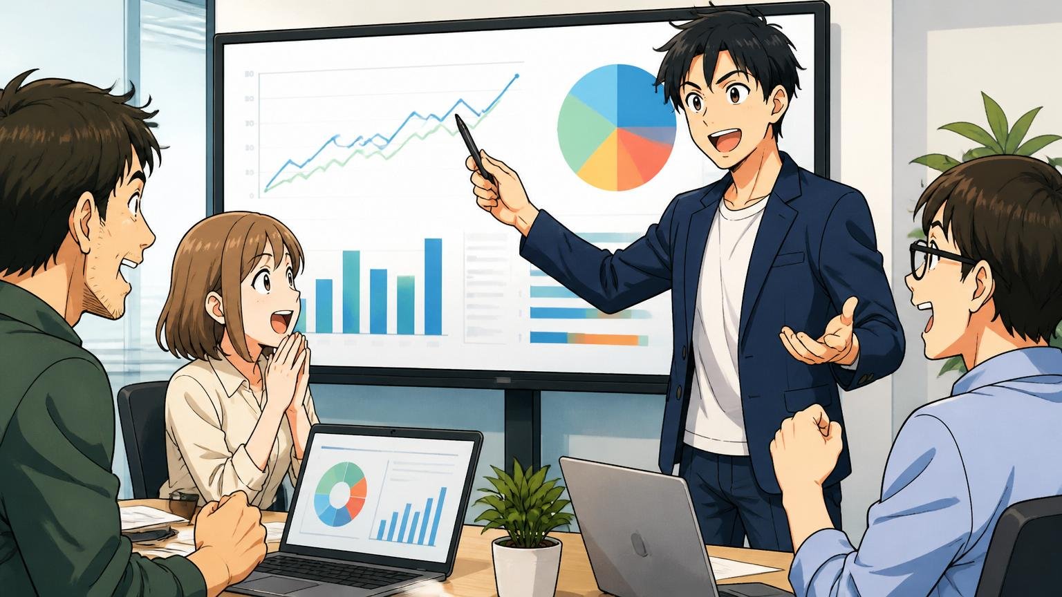 主力事業はWebマーケティング Web系コンサル企業のオフィスでマーケターが大型モニターを指して提案する場面