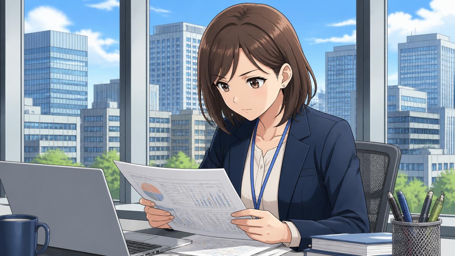 ビジネス街のビル群を窓越しに見る30代女性エンジニアが資料に視線を落とす場面