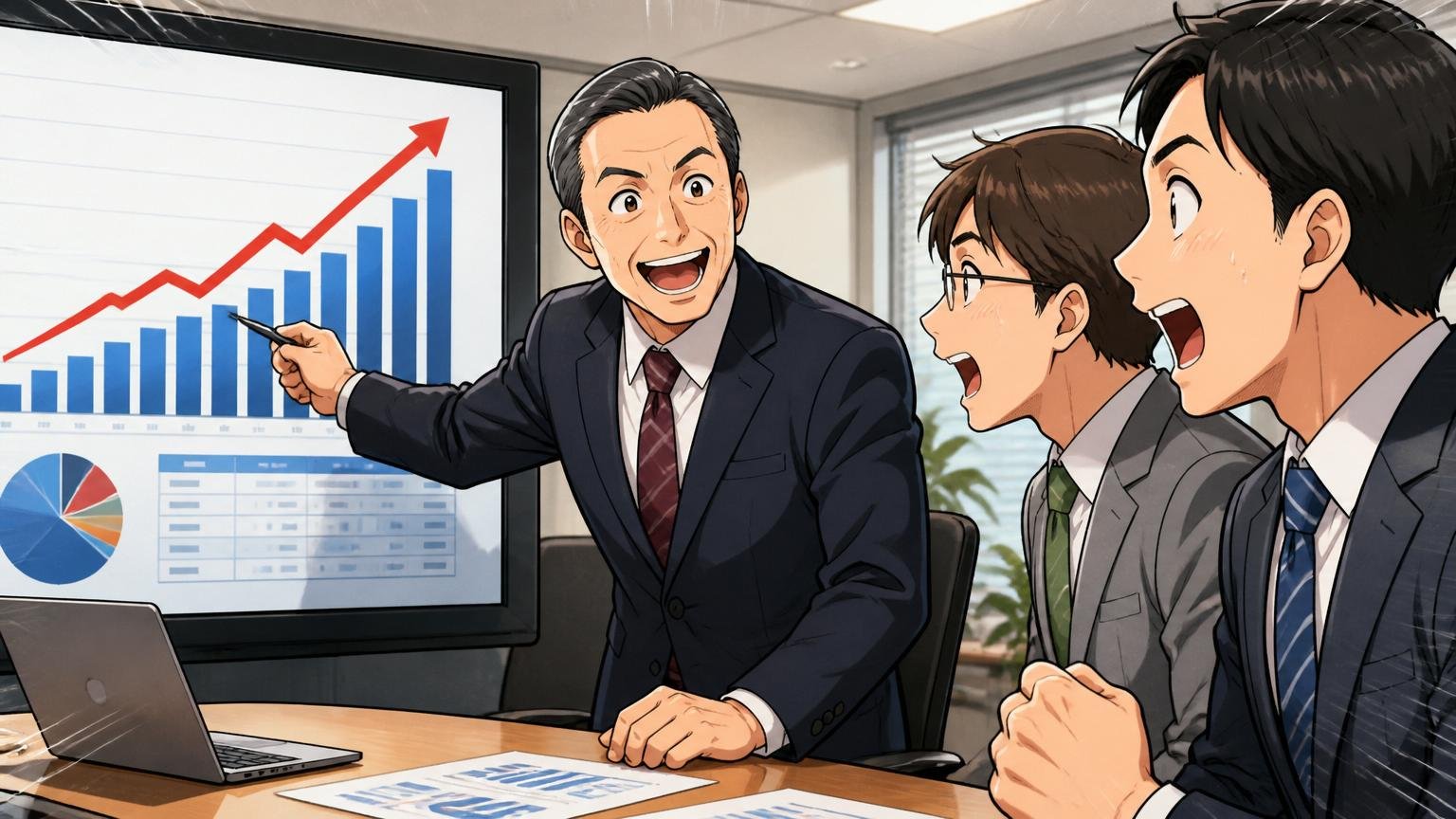 51期連続黒字経営という安定性を示すシーンで、企業の会議室で40代男性役員が決算資料を笑顔で指し示し、30代社員2人が驚いた表情で頷いている