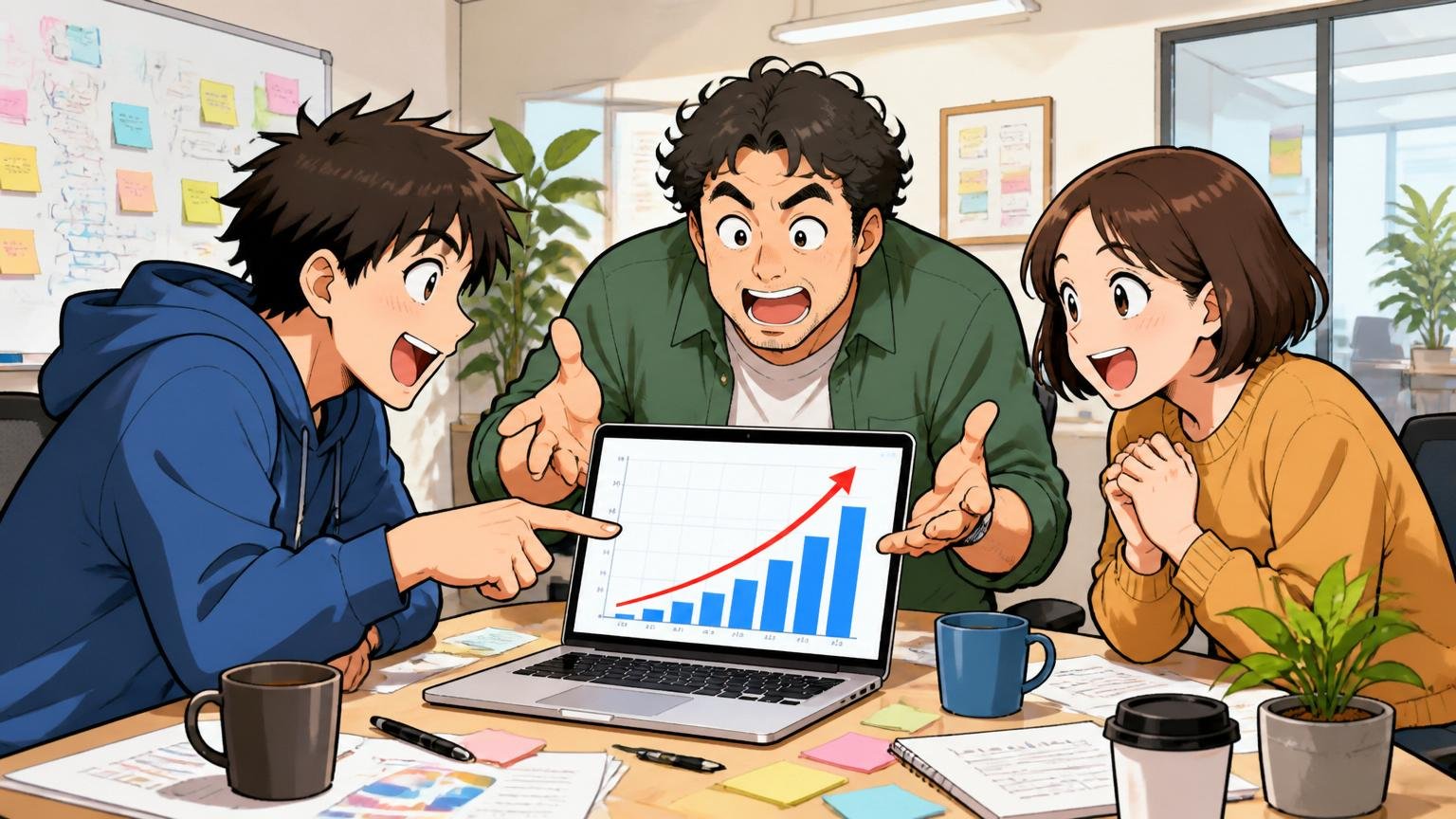ベンチャー企業の成長グラフを見ながら議論するスタートアップオフィスの3人