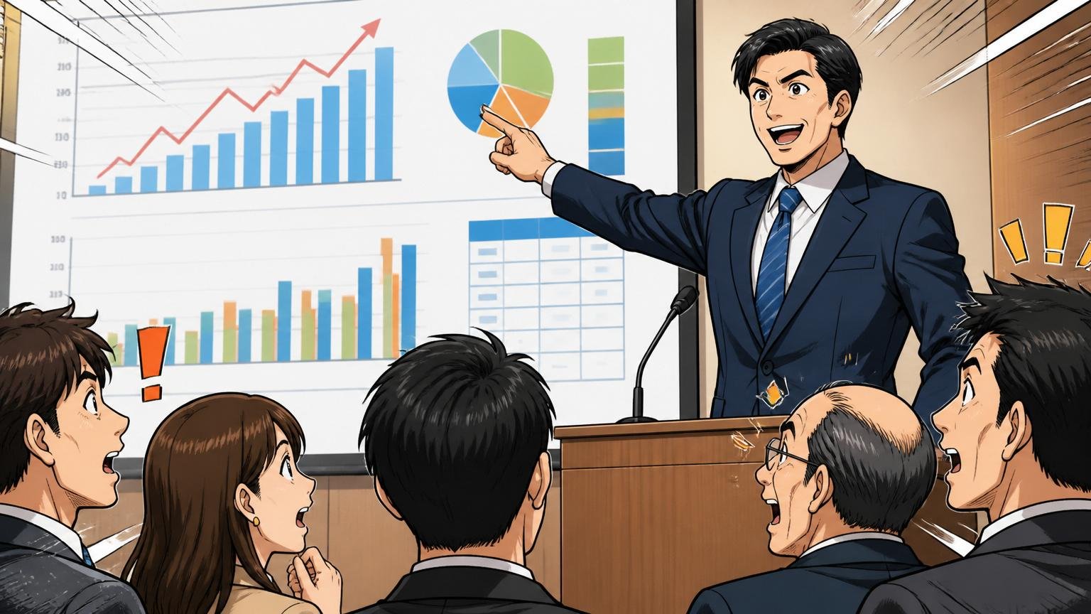 直近の業績推移と財務体力/上場企業の決算説明会の壇上で男性経営者がIRスライドを指して登壇