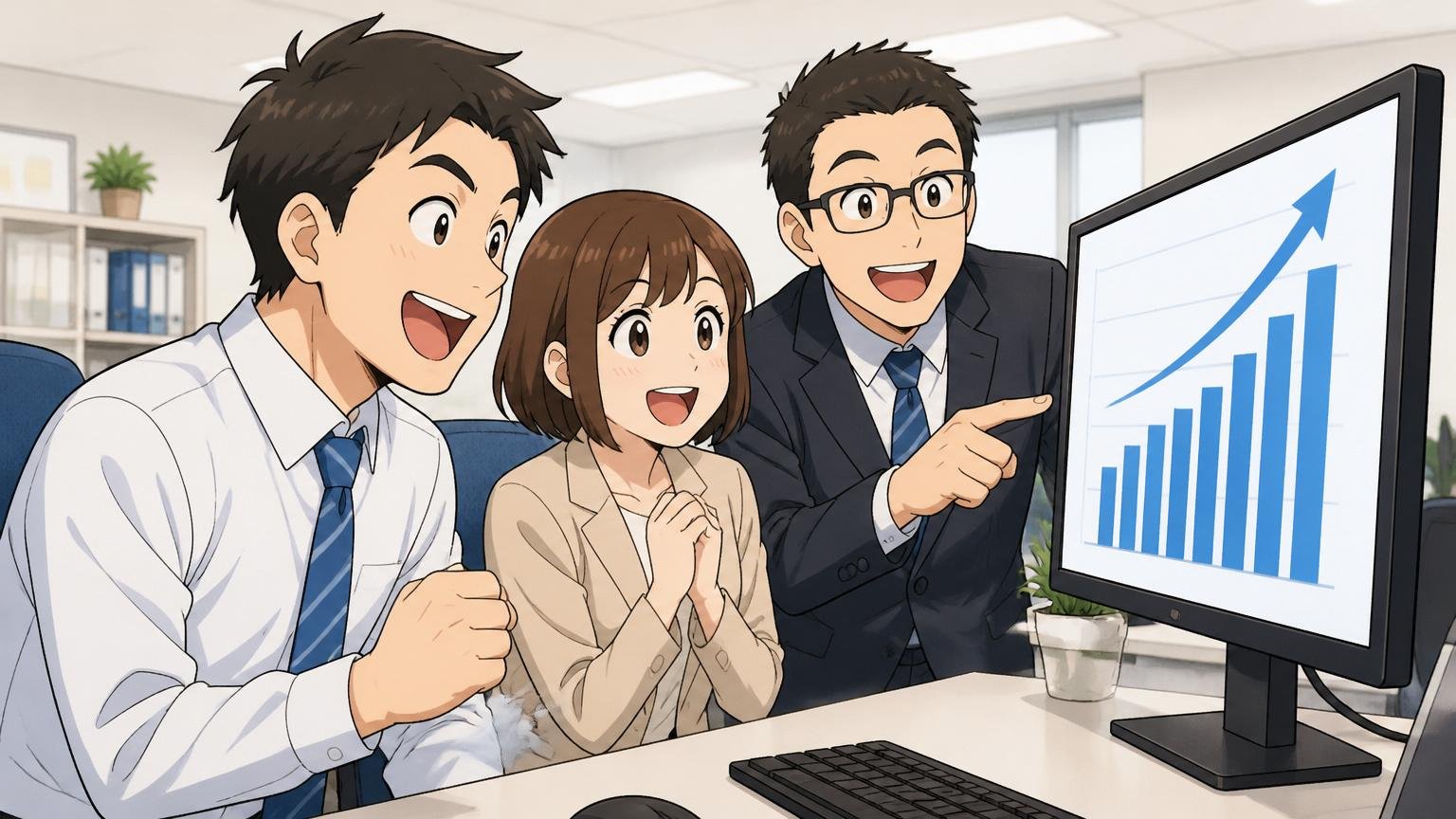売上推移グラフを確認する社員たち、SIerのオフィス、男性2人女性1人、モニターに右肩上がりの棒グラフを映して納得した表情