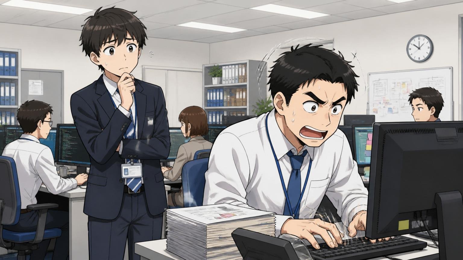 SIerのオフィスで先輩社員が忙しそうにキーボードを叩く横で質問しようか迷う若手エンジニア1人が立ち尽くす