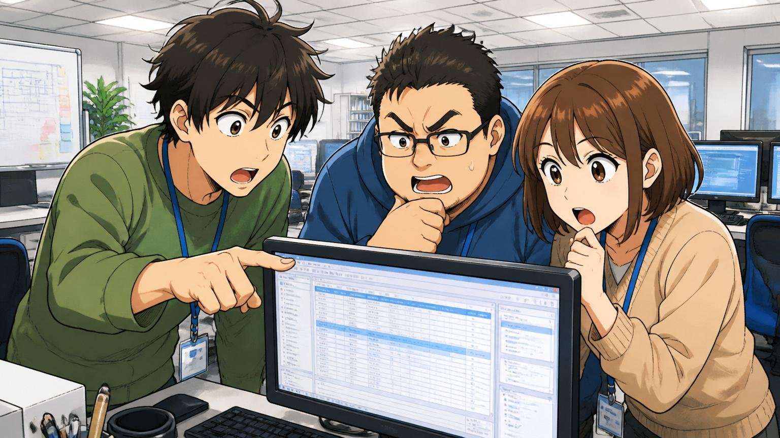 企業の情シスフロアでSVF帳票画面を3人のエンジニアが囲んで確認している