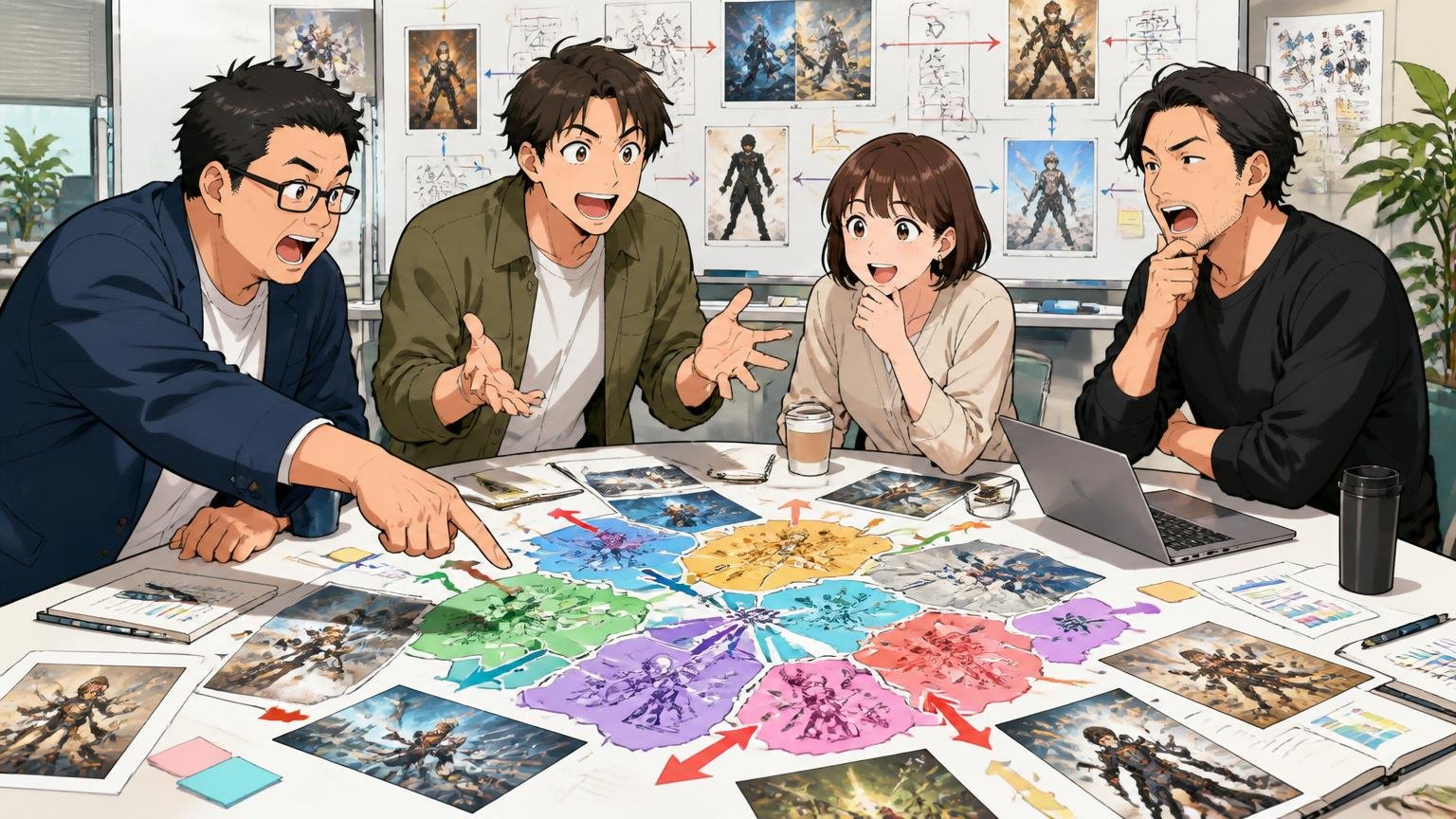 企業のオフィスでビジネスパーソン4人がゲーム・コミック・IPの事業マップを前に話し合っている