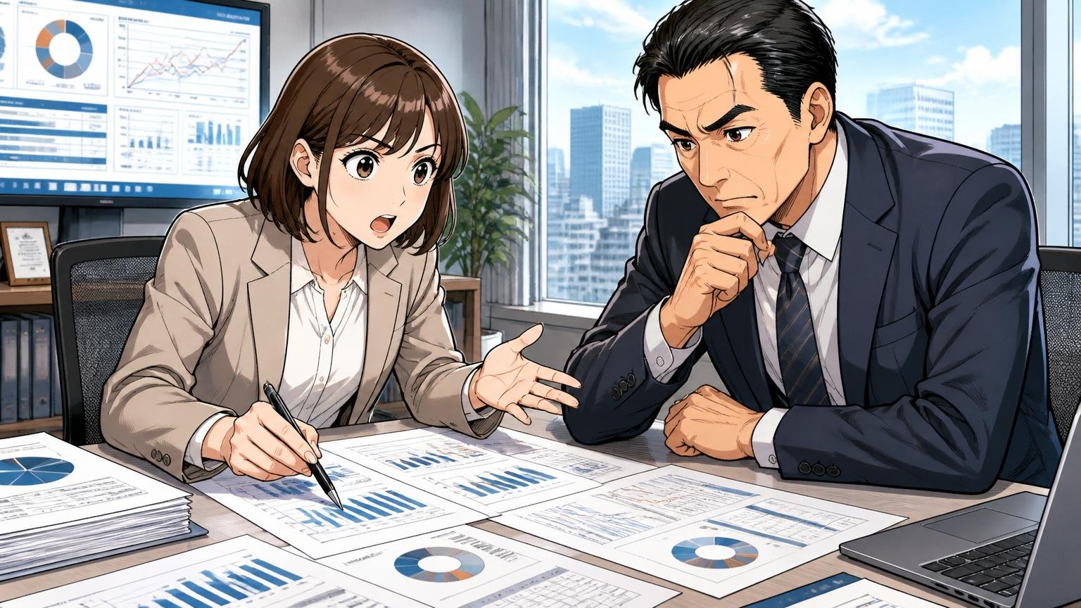 業績・規模・組織構造を見る、上場企業のオフィスで30代女性アナリストと40代男性役員が決算資料を広げて議論する場面