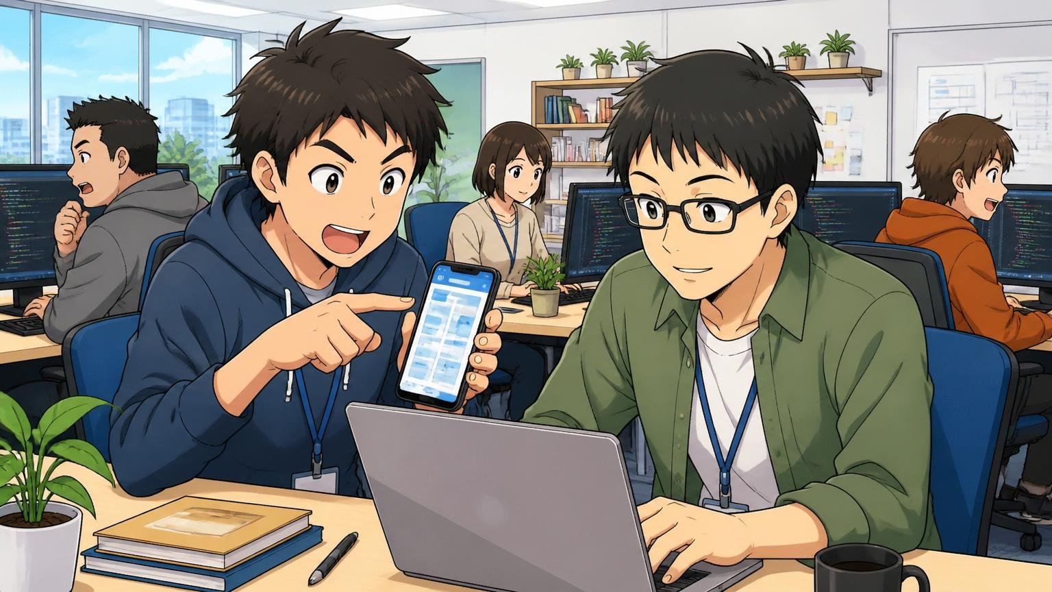モバイル・Web開発を主軸とした事業構造。札幌のIT企業の開発フロアでスマートフォンアプリの画面を見ながらノートPCで作業する複数の若手から中堅のエンジニア