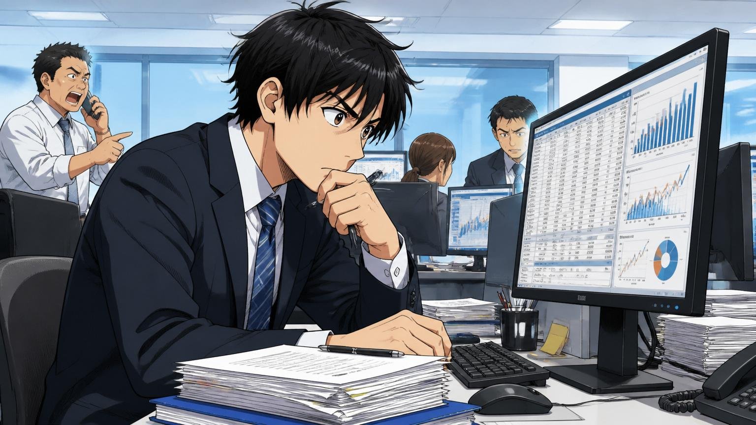 投資銀行のフロアでPCを見ながら有価証券報告書の年収データを確認する金融系コンサルタント
