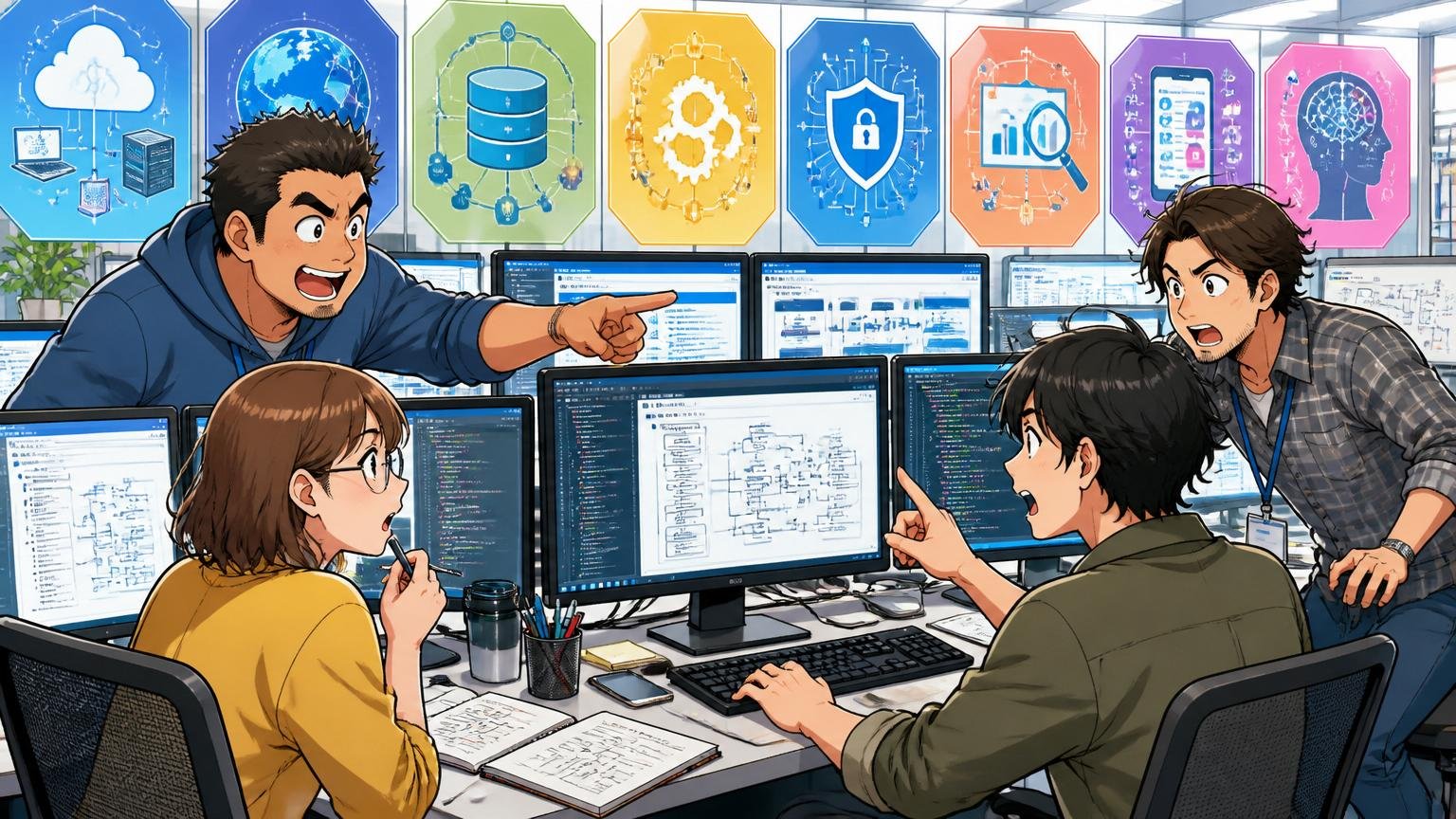 8つの事業領域と扱う技術スタックの広さ、SIerの開発現場で複数モニターを前に4人のエンジニアが業務システムを設計、男性3人女性1人