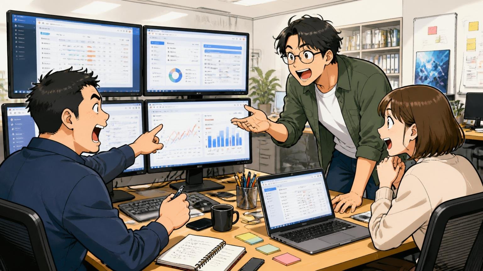 Web系広告会社の開発フロアで複数のモニターに広告管理画面を表示しながら打ち合わせする30代社員3人